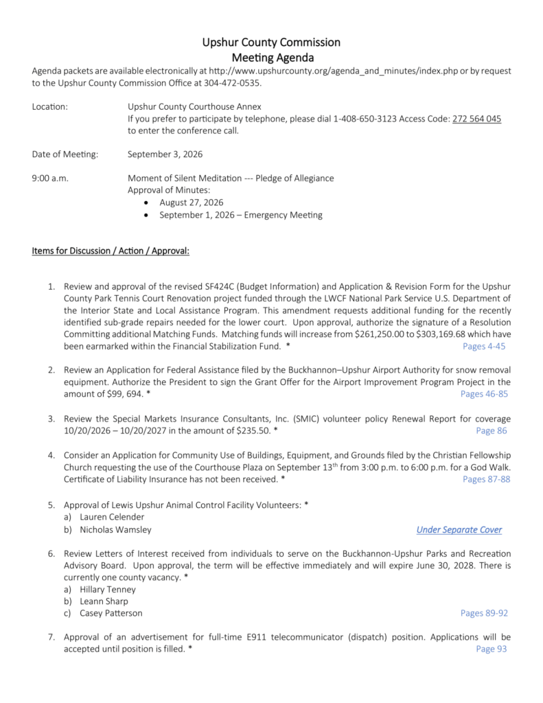 Upshur County Commission meeting agenda for September 3, 2026, page 1