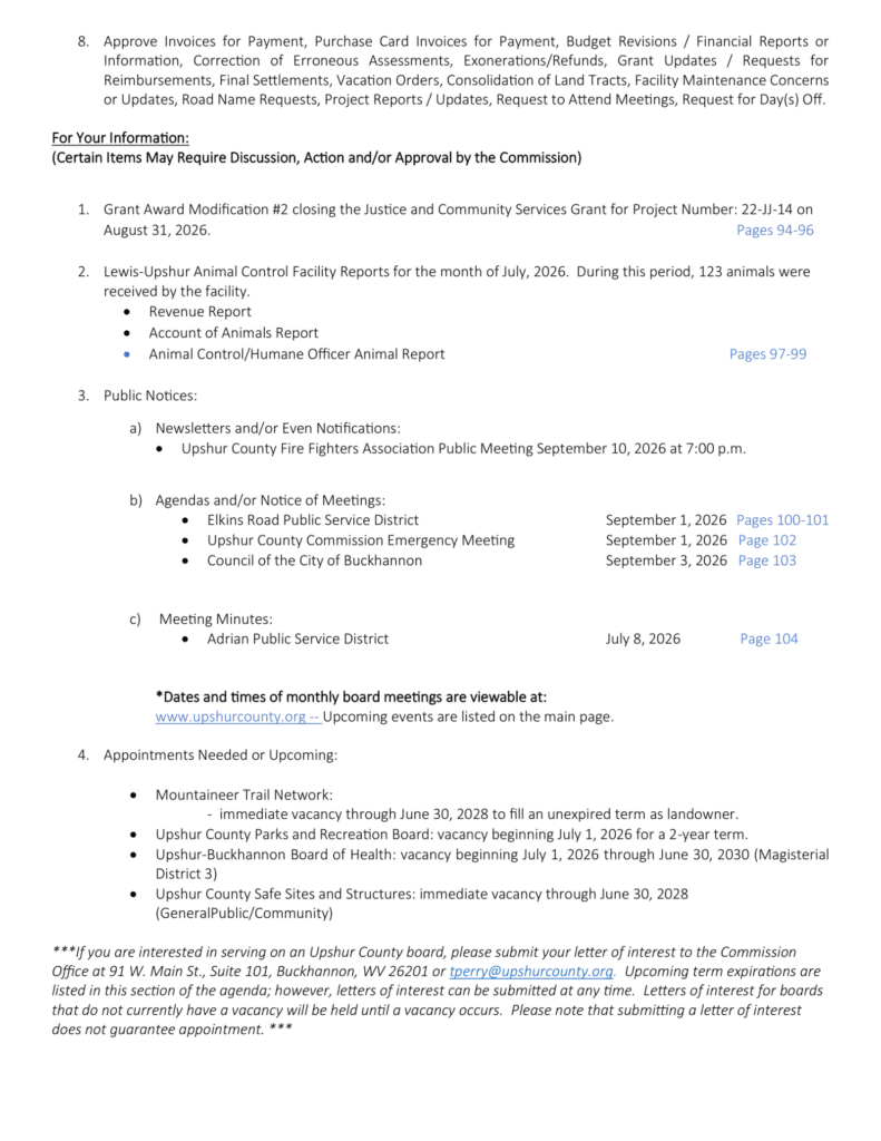 Upshur County Commission meeting agenda for September 3, 2026, page 2