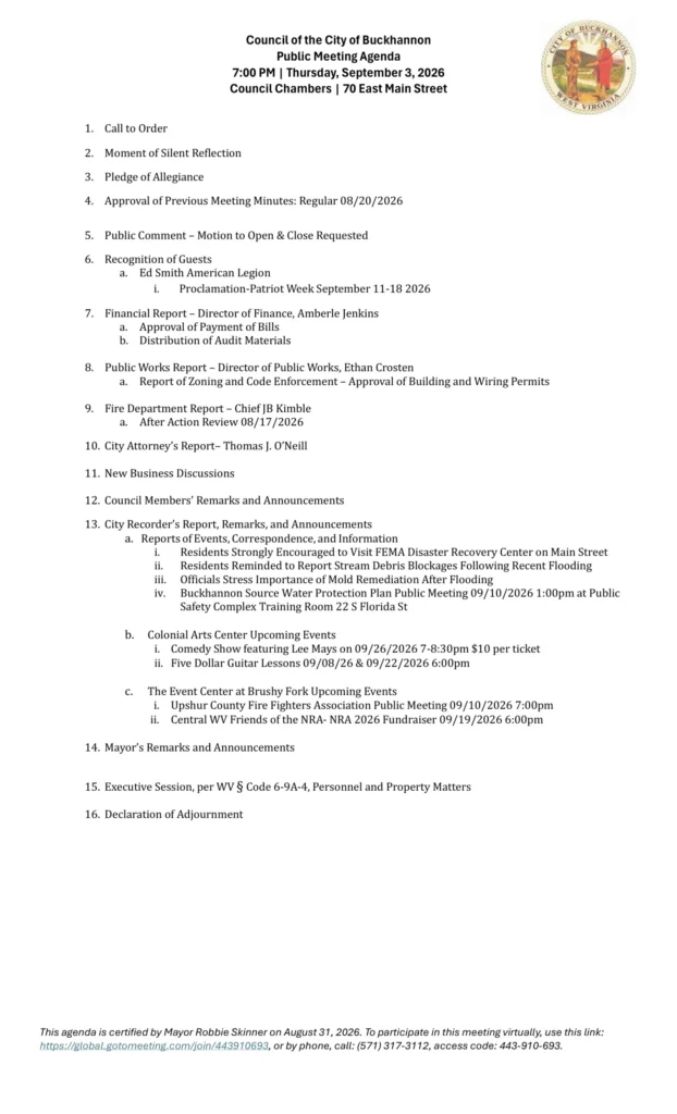 Buckhannon City Council meeting agenda for September 3, 2026, page 1