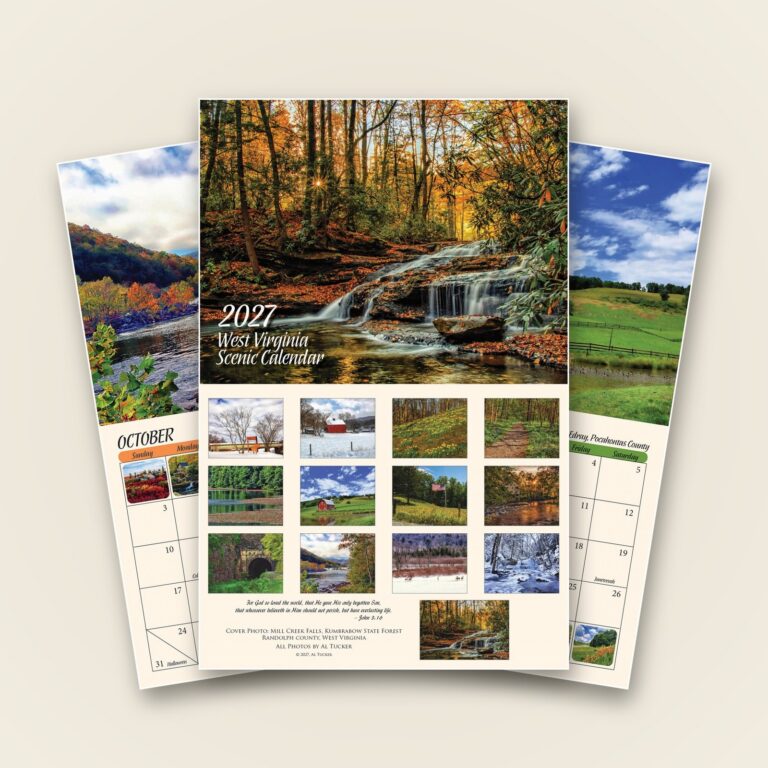 The 2027 West Virginia Scenic Calendar by the Buckhannon Band of Brothers, cover shown with two month pages fanned behind it