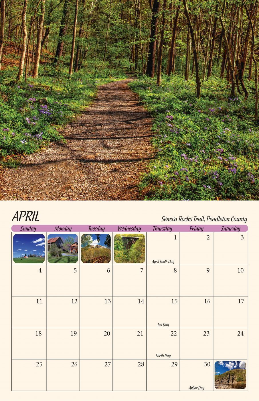 April page of the 2027 West Virginia Scenic Calendar: Seneca Rocks Trail, Pendleton County
