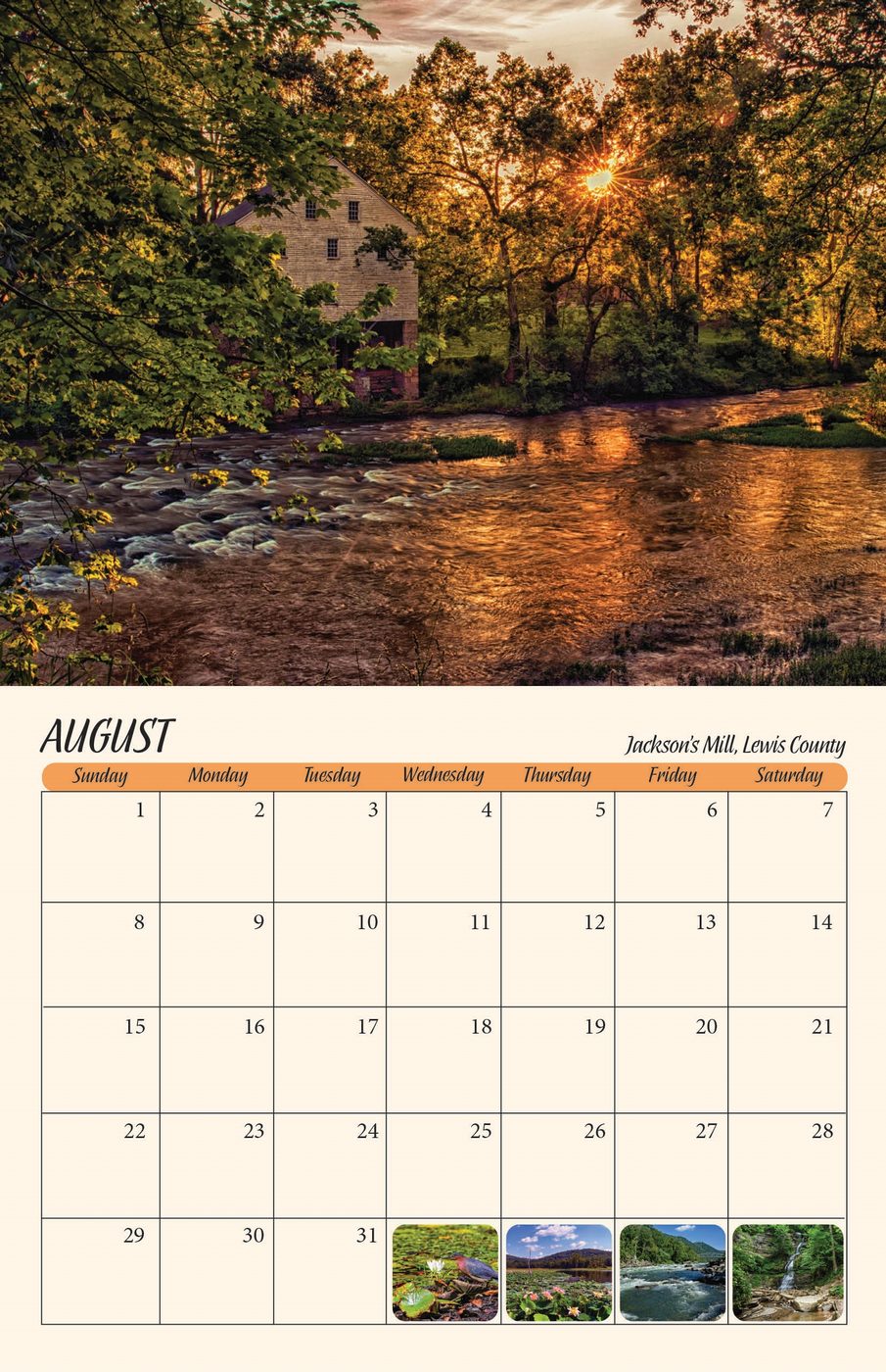 August page of the 2027 West Virginia Scenic Calendar: Jackson's Mill, Lewis County