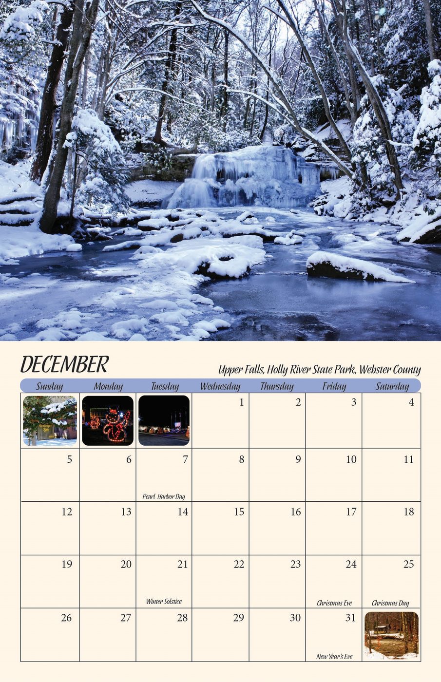 December page of the 2027 West Virginia Scenic Calendar: Upper Falls, Holly River State Park, Webster County