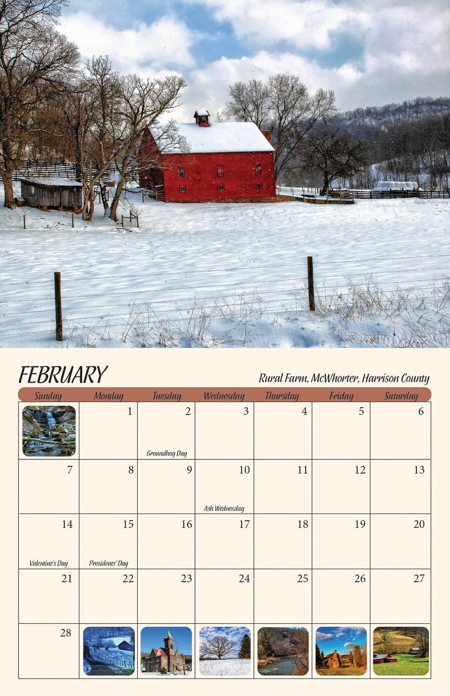 February page of the 2027 West Virginia Scenic Calendar: Rural farm, McWhorter, Harrison County