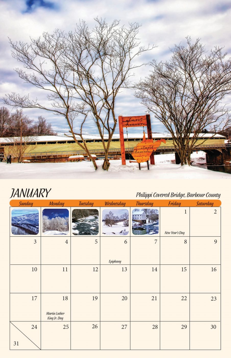 January page of the 2027 West Virginia Scenic Calendar: Philippi Covered Bridge, Barbour County