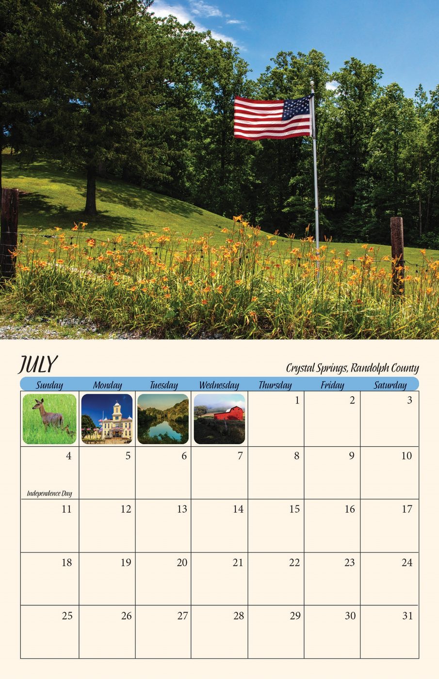July page of the 2027 West Virginia Scenic Calendar: Crystal Springs, Randolph County