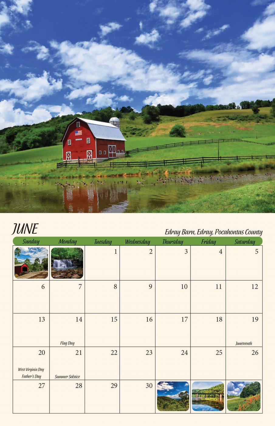 June page of the 2027 West Virginia Scenic Calendar: Edray Barn, Edray, Pocahontas County