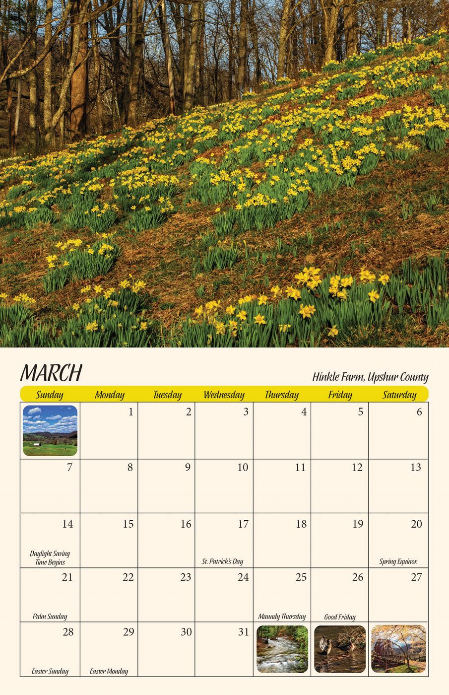 March page of the 2027 West Virginia Scenic Calendar: Hinkle Farm, Upshur County