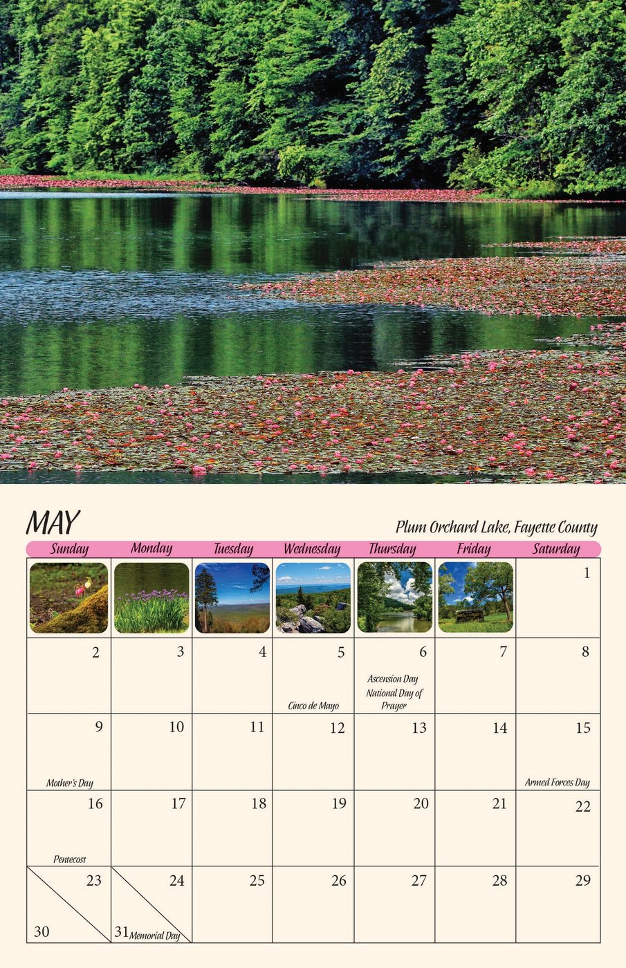 May page of the 2027 West Virginia Scenic Calendar: Plum Orchard Lake, Fayette County