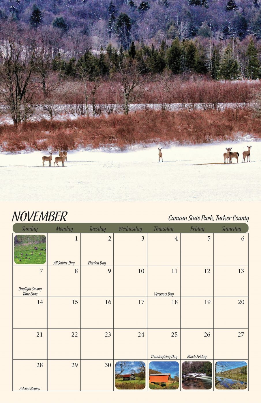 November page of the 2027 West Virginia Scenic Calendar: Canaan State Park, Tucker County