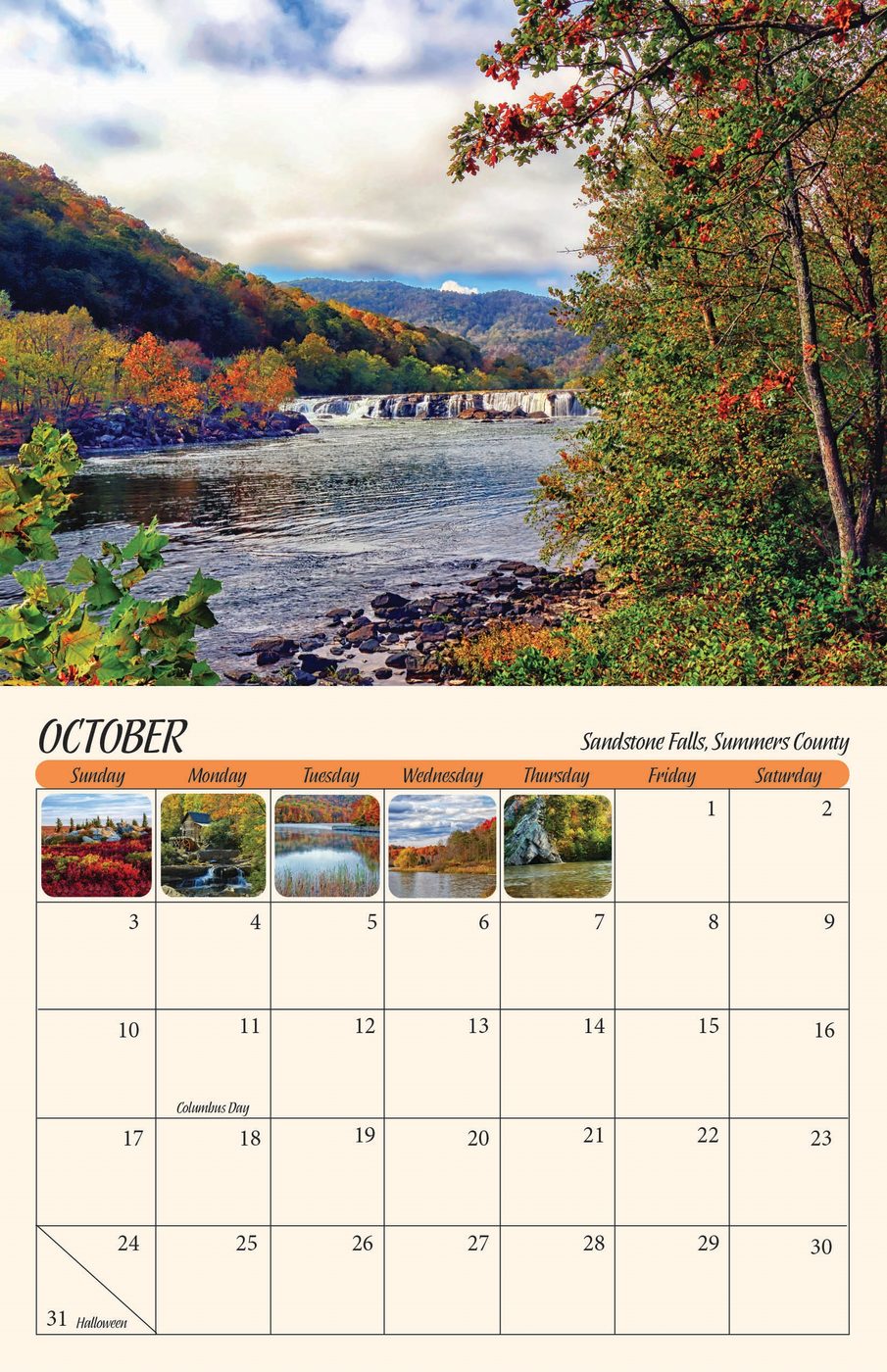 October page of the 2027 West Virginia Scenic Calendar: Sandstone Falls, Summers County