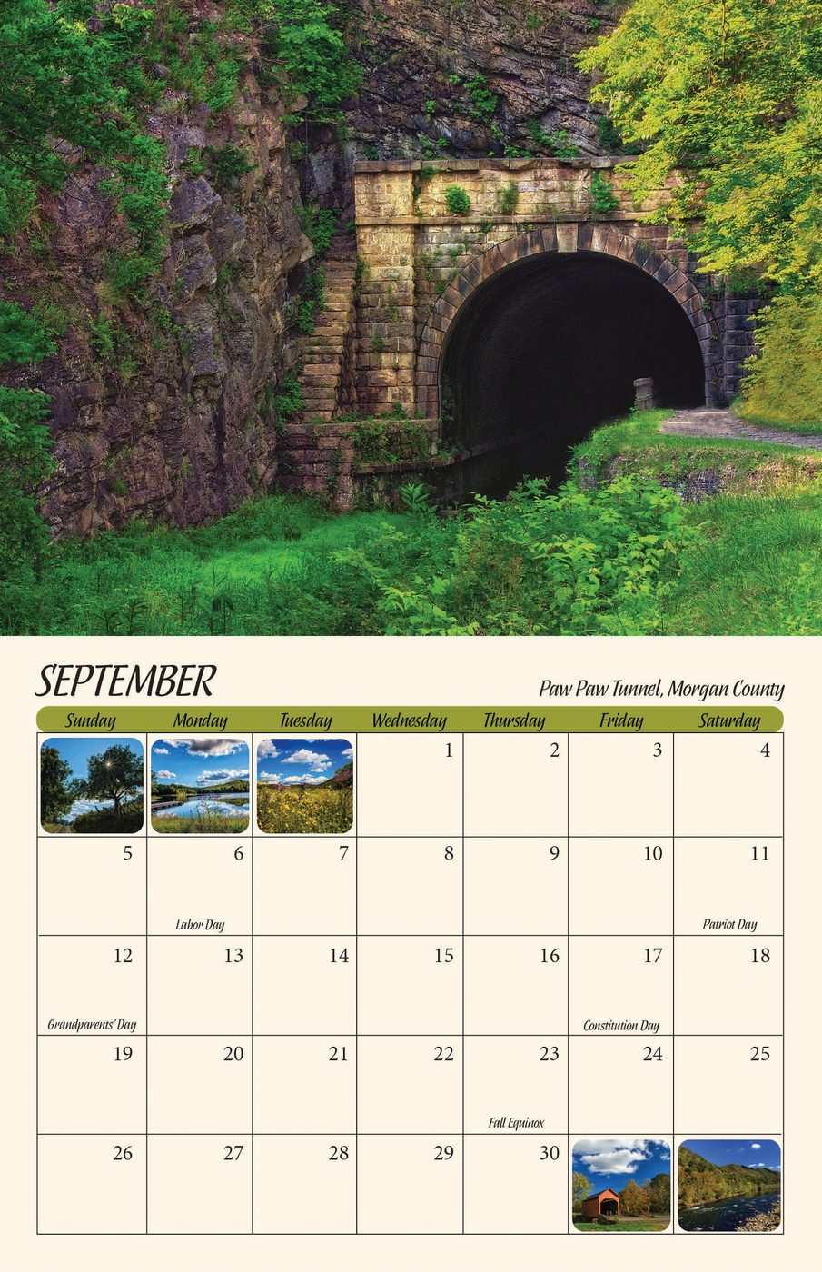 September page of the 2027 West Virginia Scenic Calendar: Paw Paw Tunnel, Morgan County