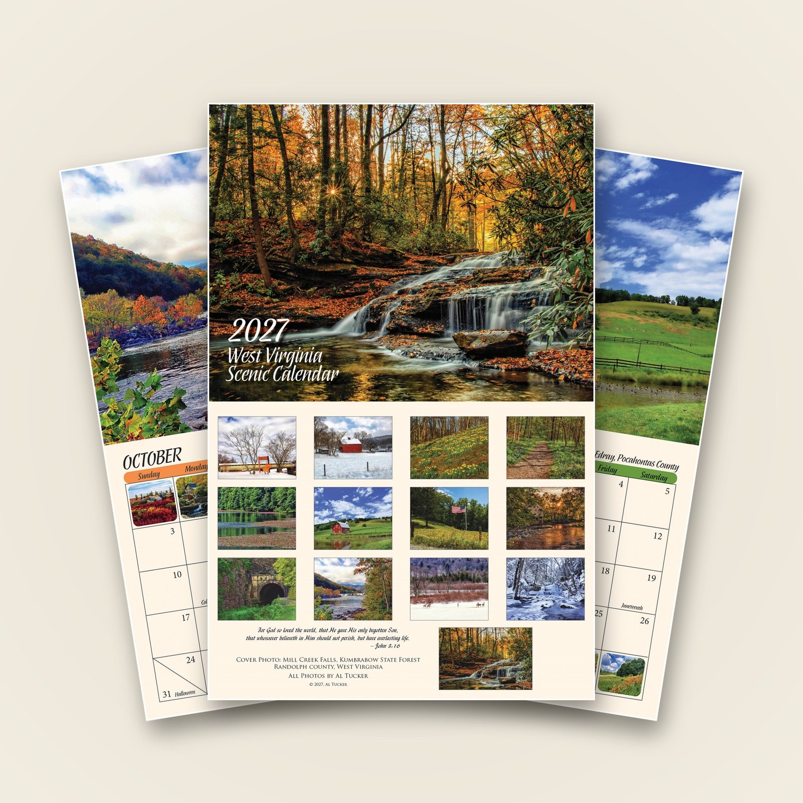 The 2027 West Virginia Scenic Calendar by the Buckhannon Band of Brothers, cover shown with two month pages fanned behind it