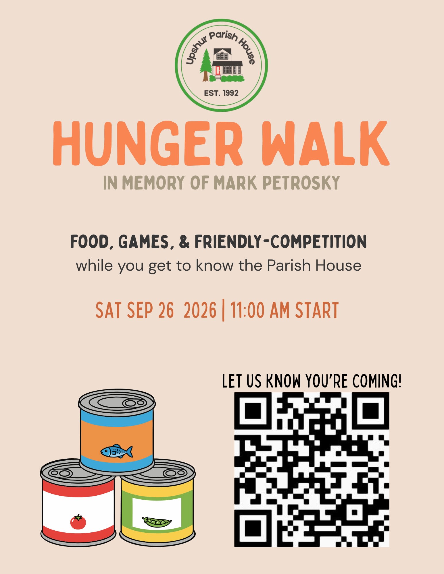 Flyer for the Upshur Parish House Hunger Walk in memory of Mark Petrosky, Saturday, Sept. 26, 2026 at 11 a.m., with a QR code to register