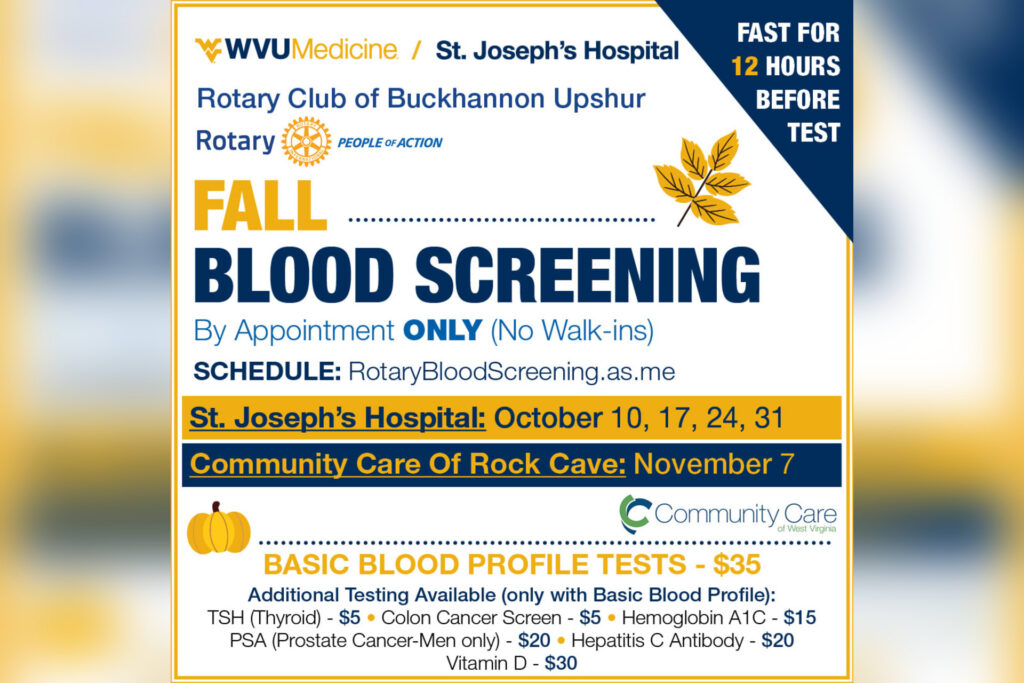 WVU Medicine St. Joseph’s Hospital and Rotary Club to host fall community blood screenings