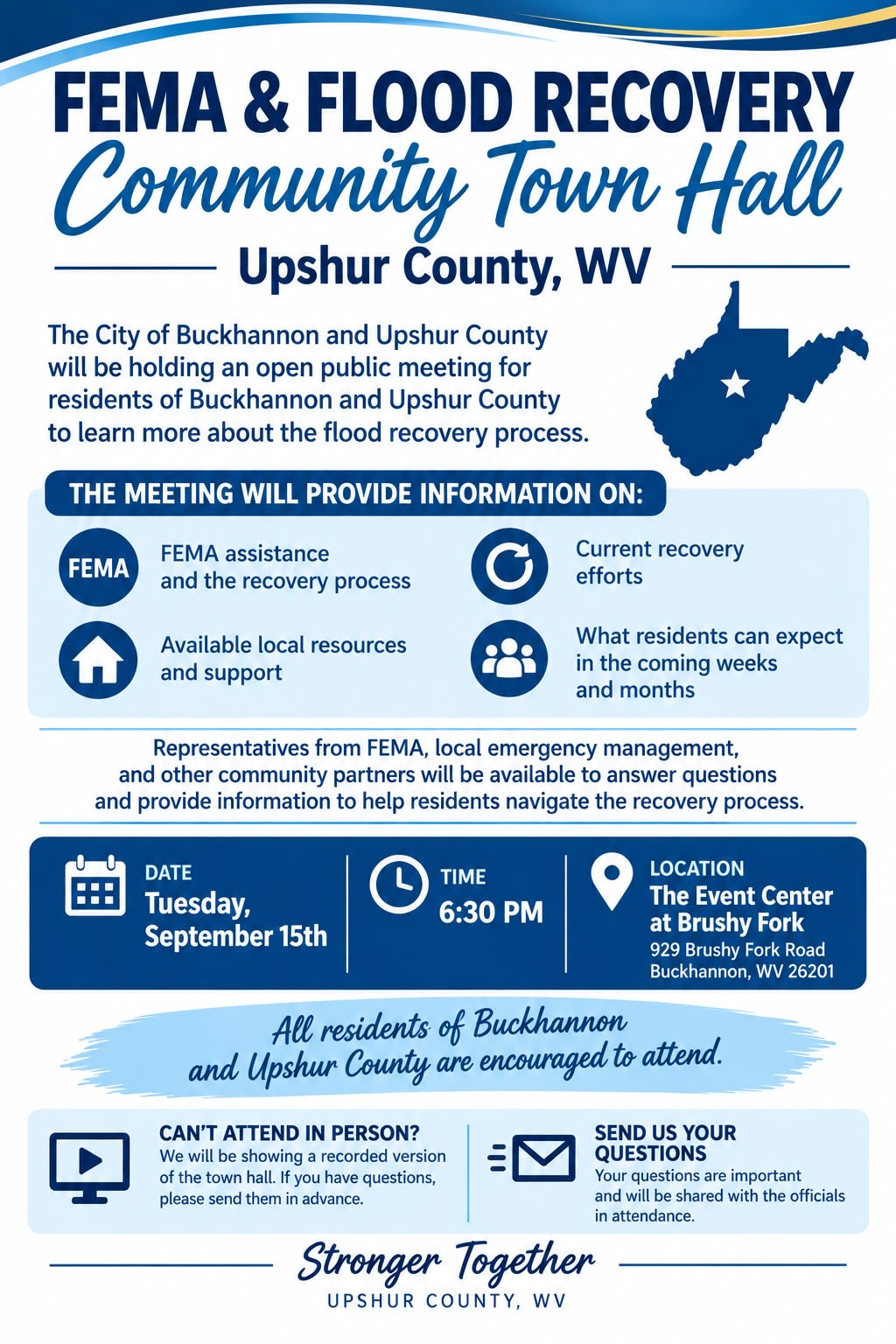 Flyer for the FEMA and flood recovery community town hall on Tuesday, September 15 at 6:30 p.m. at The Event Center at Brushy Fork, 929 Brushy Fork Road, Buckhannon