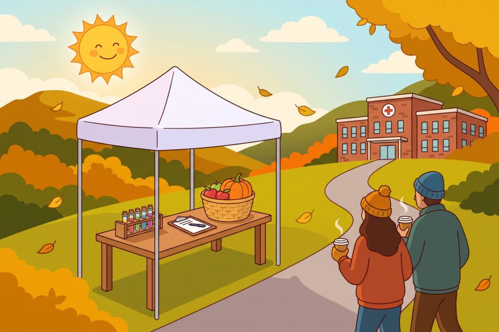 Illustration of a community blood screening tent outside a small hospital on a sunny fall morning, two neighbors walking up the path with coffee
