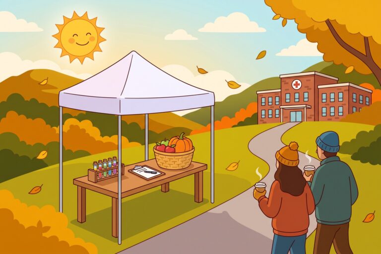 Illustration of a community blood screening tent outside a small hospital on a sunny fall morning, two neighbors walking up the path with coffee