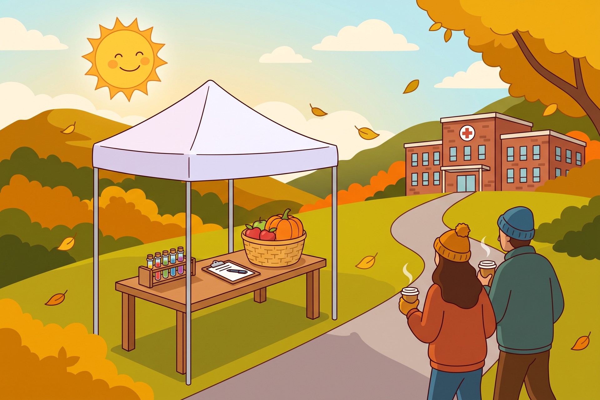 Illustration of a community blood screening tent outside a small hospital on a sunny fall morning, two neighbors walking up the path with coffee