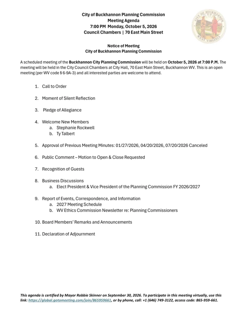 City of Buckhannon Planning Commission meeting agenda for October 5, 2026, page 1