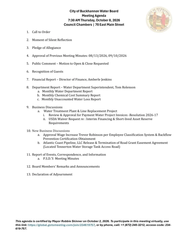 Buckhannon Water Board meeting agenda for October 8, 2026, page 1