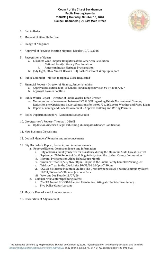Buckhannon City Council meeting agenda for October 15, 2026, page 1