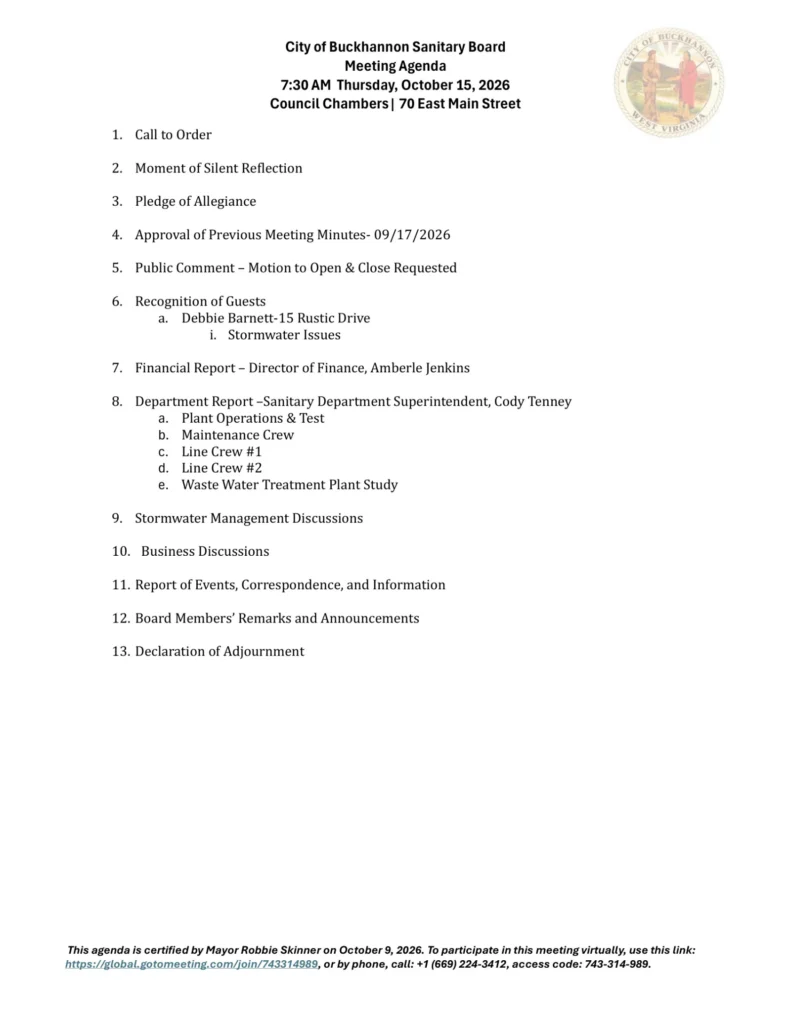 Buckhannon Sanitary Board meeting agenda for October 15, 2026, page 1