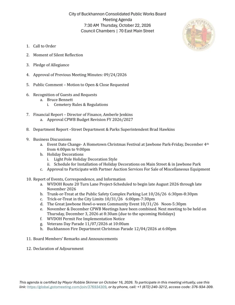 Buckhannon Consolidated Public Works Board meeting agenda for October 22, 2026, page 1