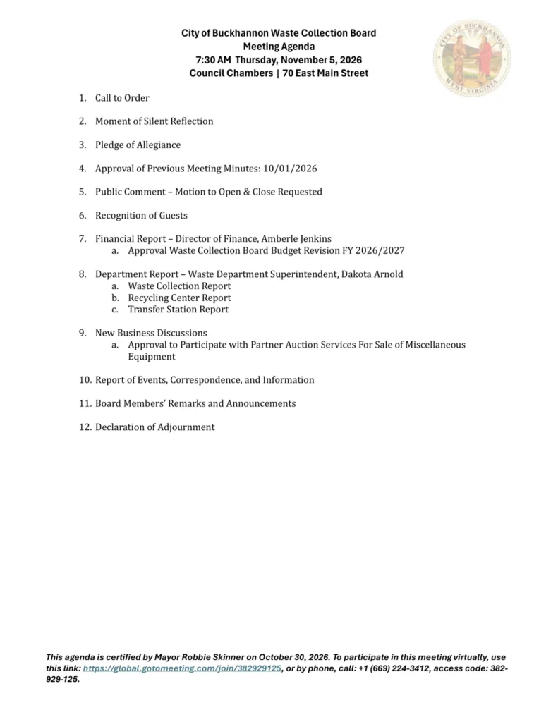 Buckhannon Waste Collection Board meeting agenda for November 5, 2026, page 1