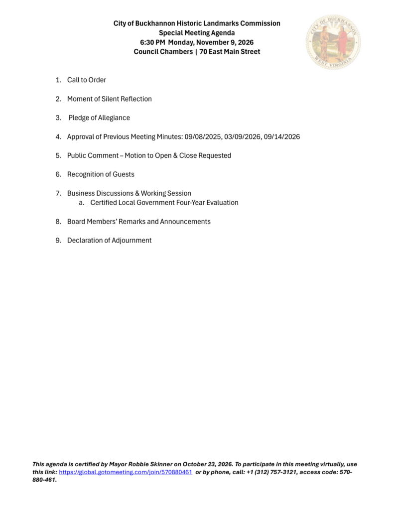 City of Buckhannon Historic Landmarks Commission special meeting agenda for November 9, 2026, page 1