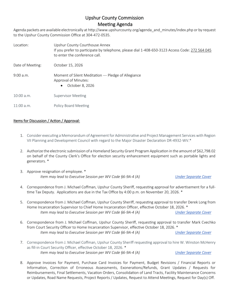 Upshur County Commission meeting agenda for October 15, 2026, page 1