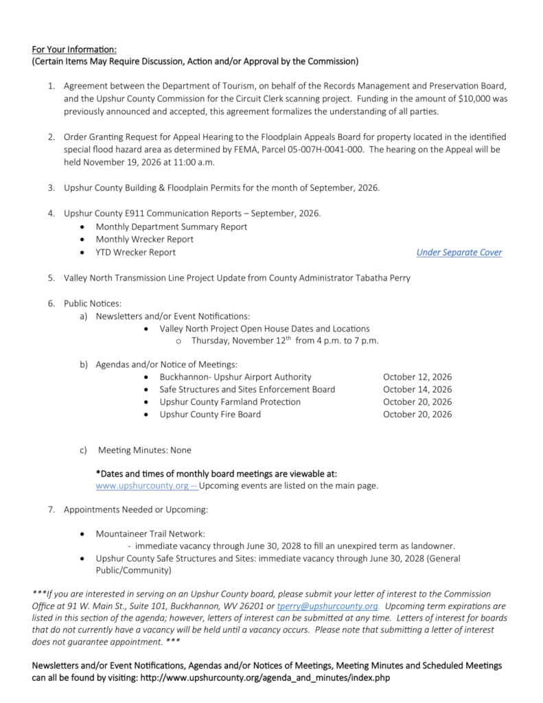 Upshur County Commission meeting agenda for October 15, 2026, page 2