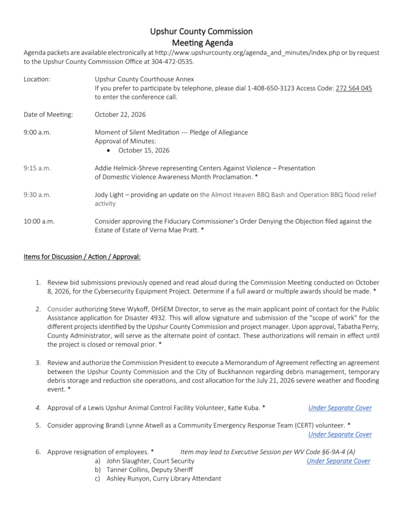 Upshur County Commission meeting agenda for October 22, 2026, page 1