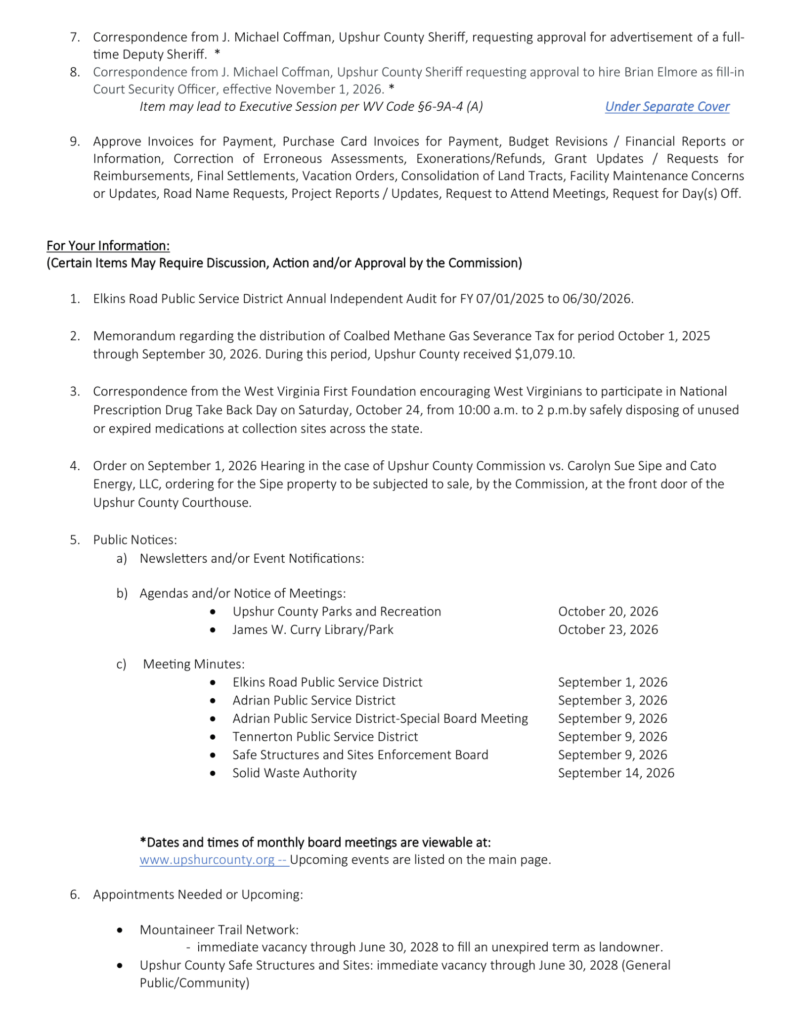 Upshur County Commission meeting agenda for October 22, 2026, page 2