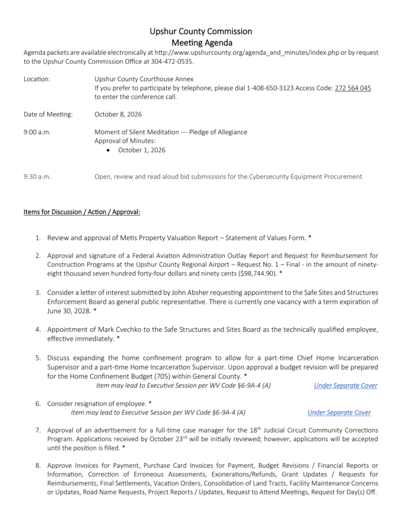 Upshur County Commission meeting agenda for October 8, 2026, page 1
