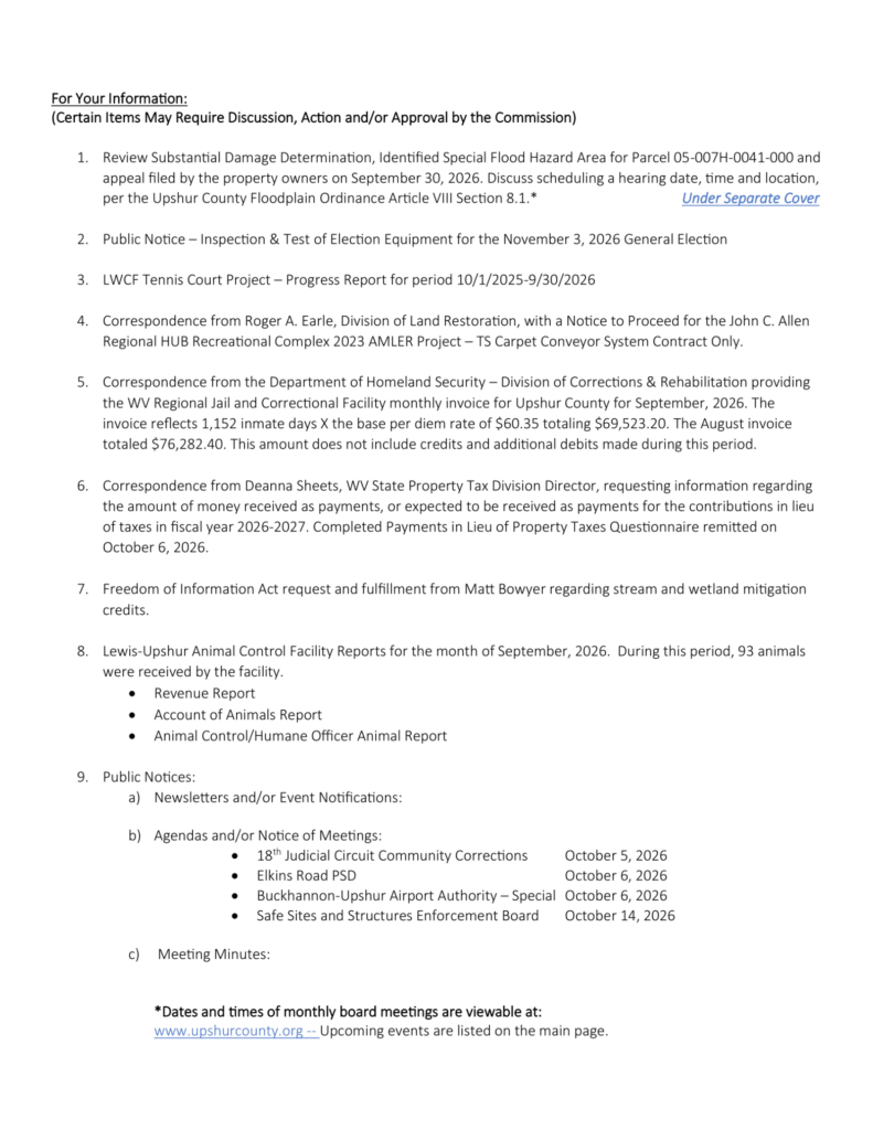 Upshur County Commission meeting agenda for October 8, 2026, page 2