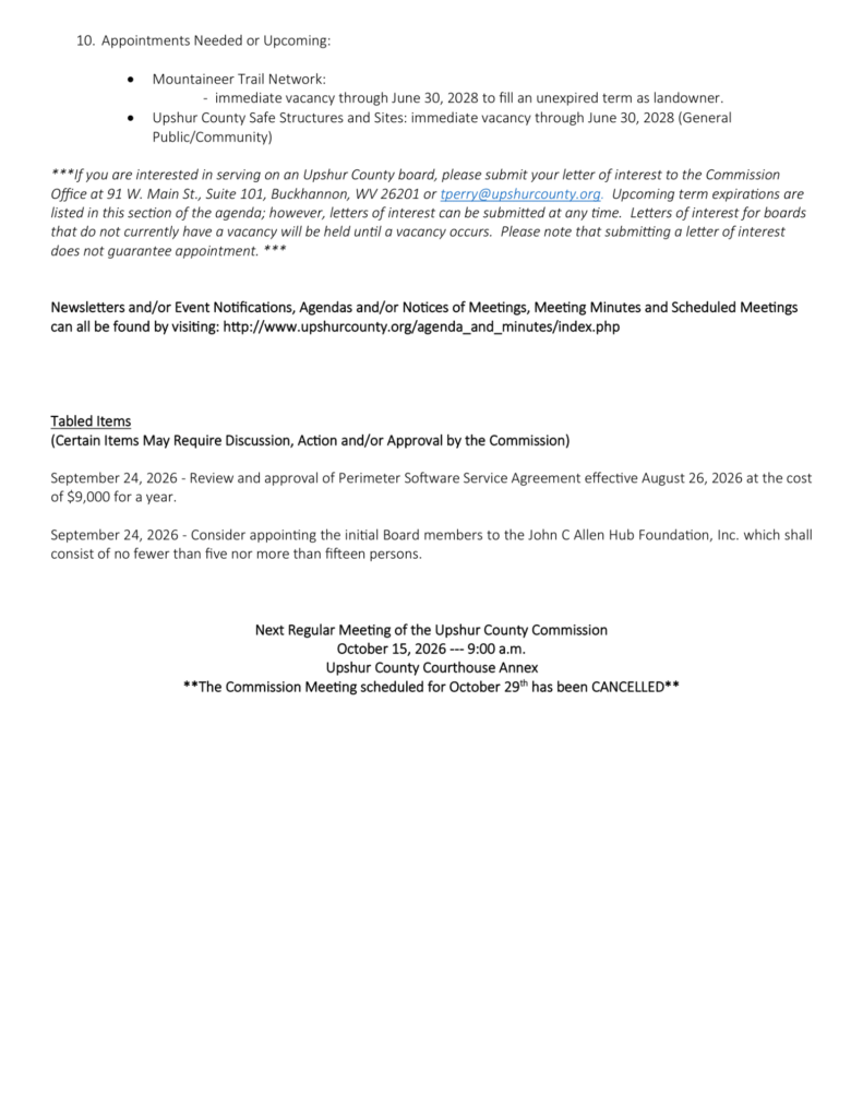 Upshur County Commission meeting agenda for October 8, 2026, page 3
