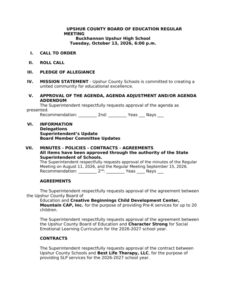 Upshur County Board of Education meeting agenda for October 13, 2026, page 1