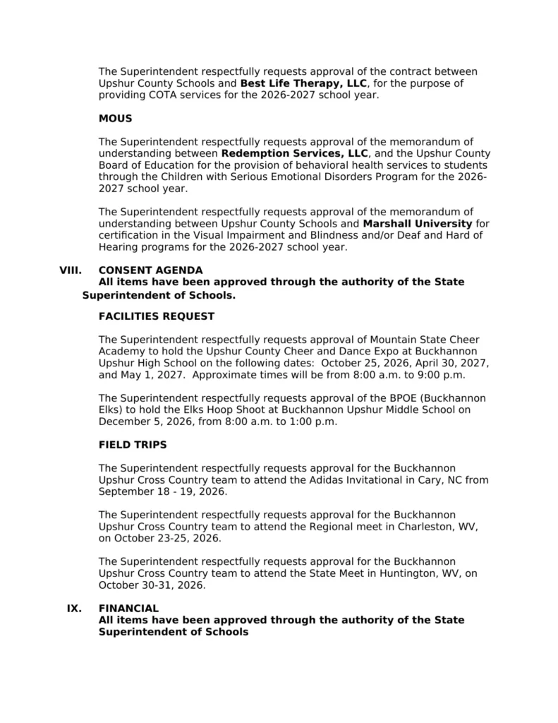 Upshur County Board of Education meeting agenda for October 13, 2026, page 2