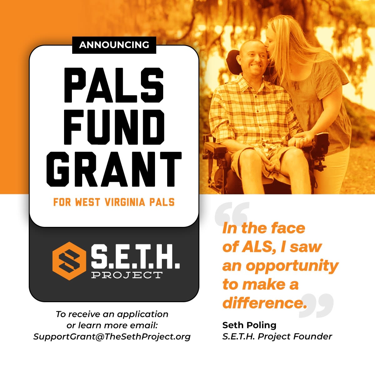 The S.E.T.H. Project's supplied PALS Fund Grant announcement, including its application email and founder's photograph