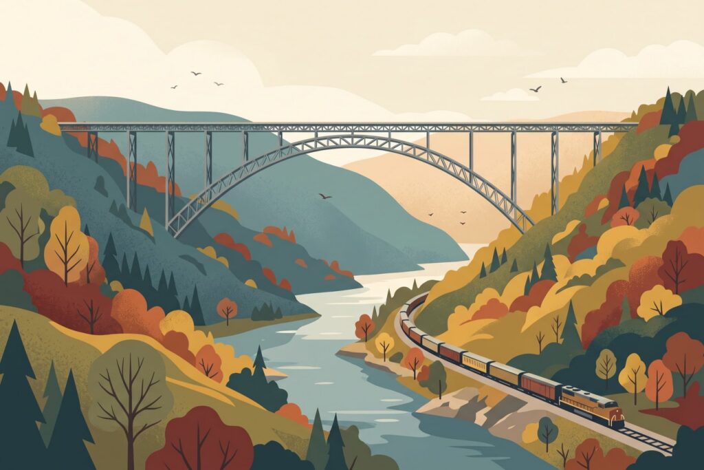 Illustration of a steel arch bridge over a river gorge in fall, with a train along the riverbank
