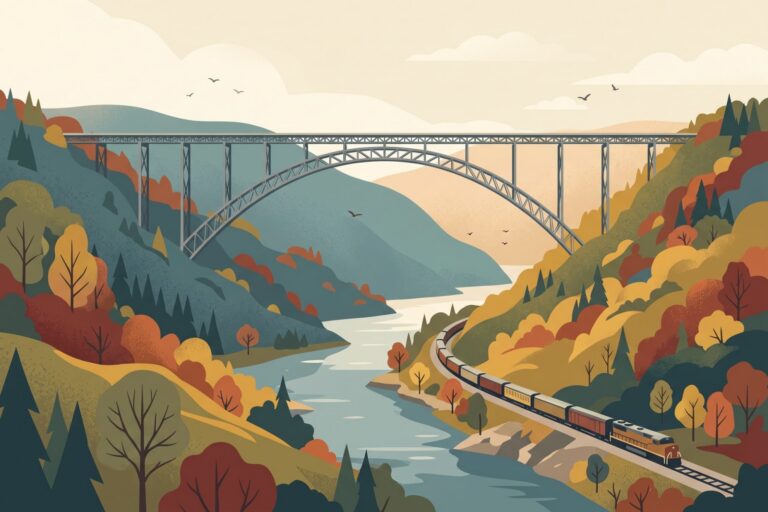 Illustration of a steel arch bridge over a river gorge in fall, with a train along the riverbank