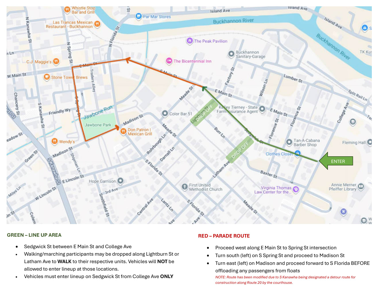 School-provided homecoming parade map showing the Sedgwick Street lineup area, parade route, vehicle entrance and walker drop-off points.