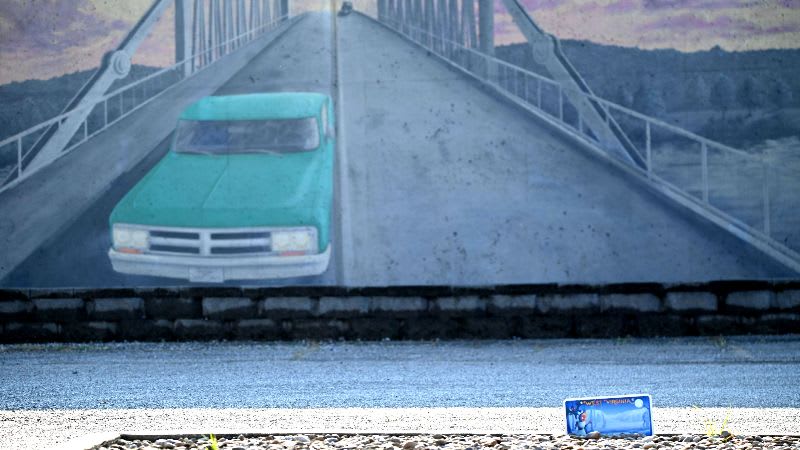 A cryptids license plate sits below a mural depicting a bridge.